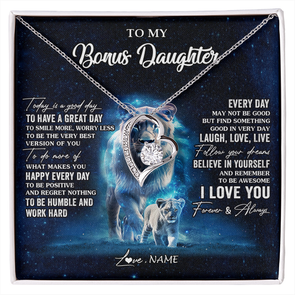 Forever Love Necklace 14K White Gold Finish | 1 | Personalized To My Bonus Daughter Lion Necklace From Stepmom Today Is A Good Day Stepdaughter Gifts Birthday Jewelry Christmas Customized Gift Box Message Card | siriusteestore