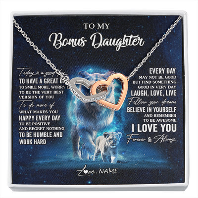 Interlocking Hearts Necklace Stainless Steel & Rose Gold Finish | 1 | Personalized To My Bonus Daughter Lion Necklace From Stepmom Today Is A Good Day Stepdaughter Gifts Birthday Jewelry Christmas Customized Gift Box Message Card | siriusteestore