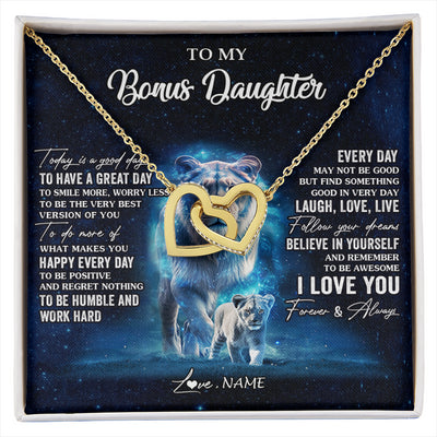 Interlocking Hearts Necklace 18K Yellow Gold Finish | 1 | Personalized To My Bonus Daughter Lion Necklace From Stepmom Today Is A Good Day Stepdaughter Gifts Birthday Jewelry Christmas Customized Gift Box Message Card | siriusteestore