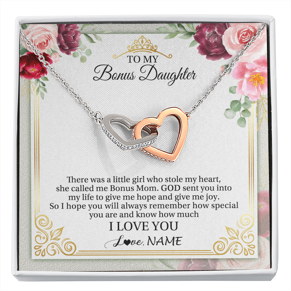 Interlocking Hearts Necklace Stainless Steel & Rose Gold Finish | 1 | Personalized To My Bonus Daughter Necklace From Bonus Mom There Was A Little Girl Stepddaughter Birthday Jewelry Christmas Customized Gift Box Message Card | siriusteestore