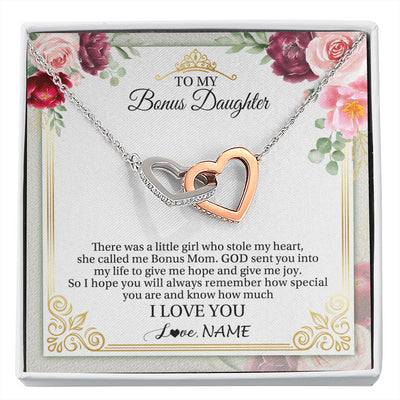 Interlocking Hearts Necklace Stainless Steel & Rose Gold Finish | 1 | Personalized To My Bonus Daughter Necklace From Bonus Mom There Was A Little Girl Stepddaughter Birthday Jewelry Christmas Customized Gift Box Message Card | siriusteestore
