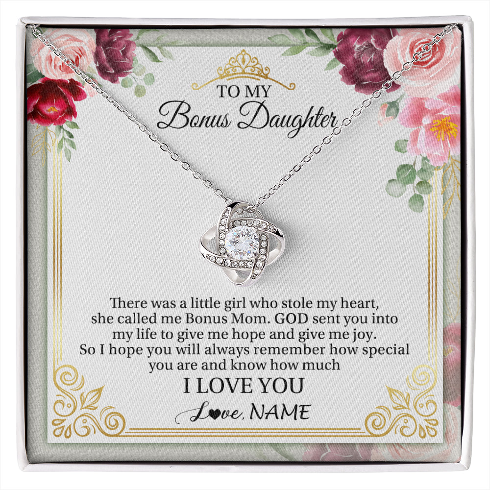 Love Knot Necklace 14K White Gold Finish | 1 | Personalized To My Bonus Daughter Necklace From Bonus Mom There Was A Little Girl Stepddaughter Birthday Jewelry Christmas Customized Gift Box Message Card | siriusteestore