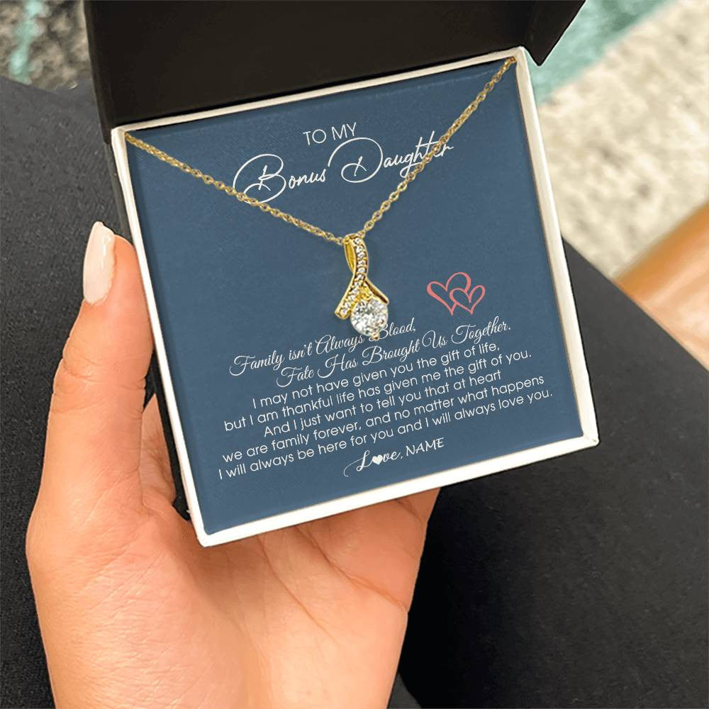 Alluring Beauty Necklace 18K Yellow Gold Finish | Personalized To My Bonus Daughter Necklace From Mom Dad We Are Family Forever Jewelry Step Daughter Pendant Birthday Christmas Customized Gift Box Message Card | siriusteestore