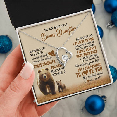 Forever Love Necklace 14K White Gold Finish | 2 | Personalized To My Bonus Daughter Necklace From StepMom Dad Whenever You Feel Bear Stepdaughter Birthday Gifts Gifts Christmas Customized Gift Box Message Card | siriusteestore