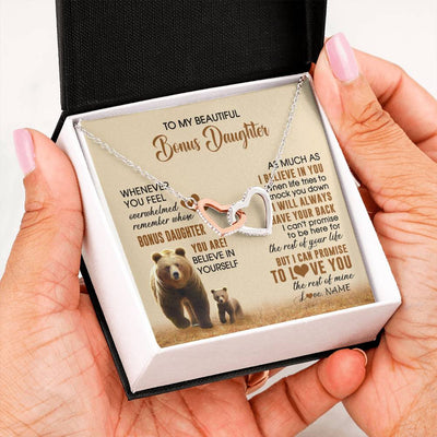 Interlocking Hearts Necklace Stainless Steel & Rose Gold Finish | 2 | Personalized To My Bonus Daughter Necklace From StepMom Dad Whenever You Feel Bear Stepdaughter Birthday Gifts Gifts Christmas Customized Gift Box Message Card | siriusteestore