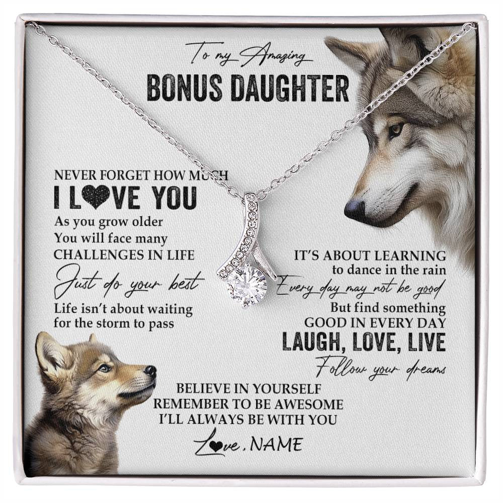 Alluring Beauty Necklace 14K White Gold Finish | 1 | Personalized To My Bonus Daughter Necklace From StepMom Just Do You Best Laugh Love Live Wolf Stepdaughter Birthday Christmas Customized Gift Box Message Card | siriusteestore