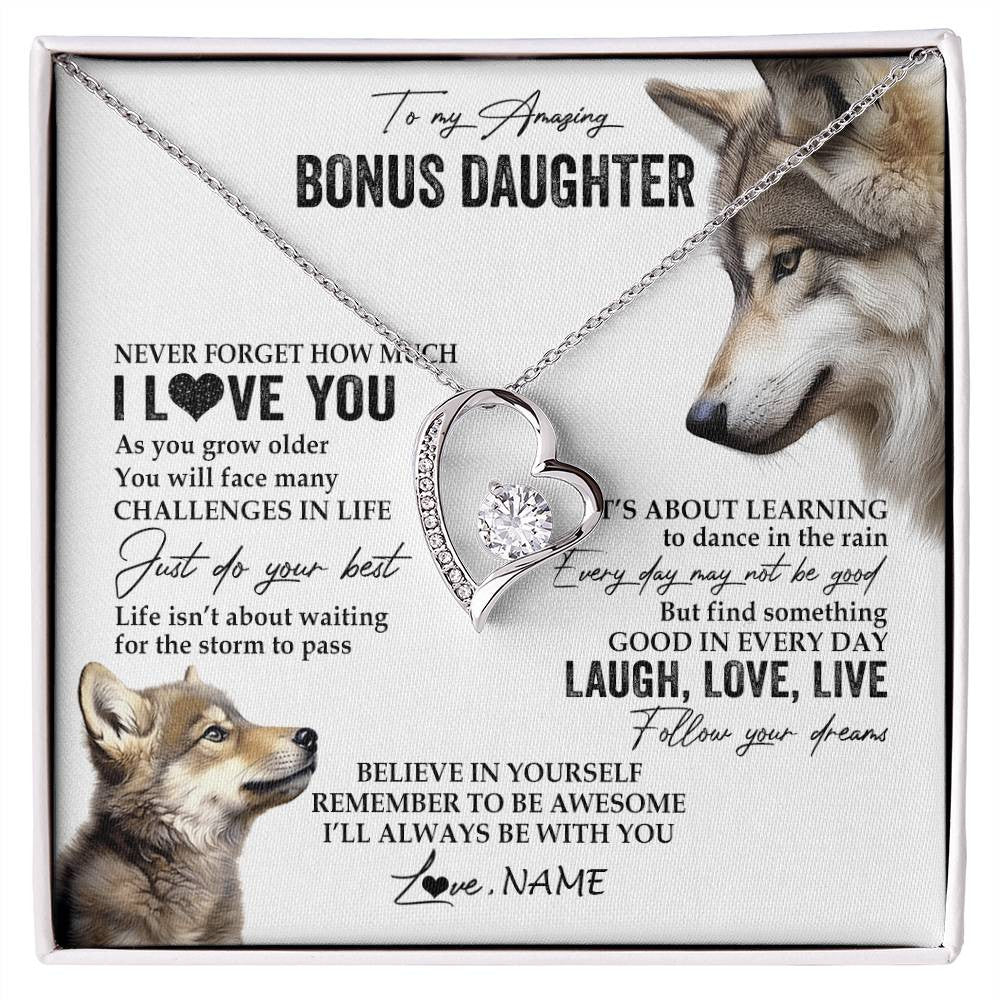Forever Love Necklace 14K White Gold Finish | 1 | Personalized To My Bonus Daughter Necklace From StepMom Just Do You Best Laugh Love Live Wolf Stepdaughter Birthday Christmas Customized Gift Box Message Card | siriusteestore