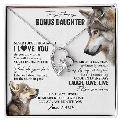 Forever Love Necklace 14K White Gold Finish | 1 | Personalized To My Bonus Daughter Necklace From StepMom Just Do You Best Laugh Love Live Wolf Stepdaughter Birthday Christmas Customized Gift Box Message Card | siriusteestore
