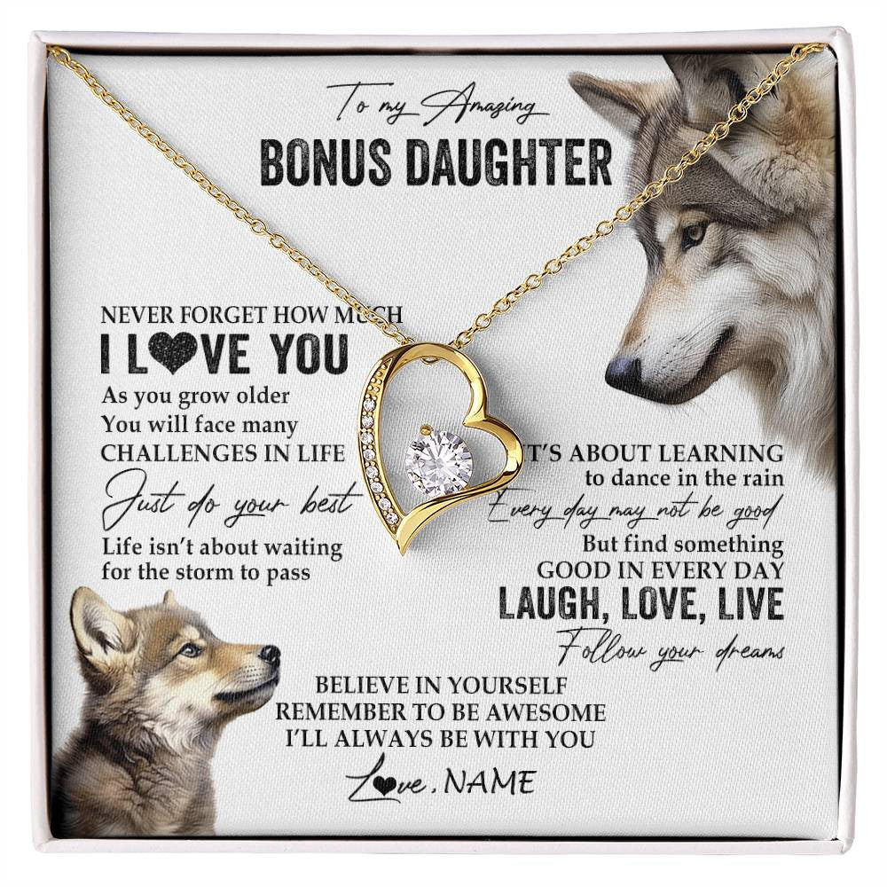 Forever Love Necklace 18K Yellow Gold Finish | 1 | Personalized To My Bonus Daughter Necklace From StepMom Just Do You Best Laugh Love Live Wolf Stepdaughter Birthday Christmas Customized Gift Box Message Card | siriusteestore