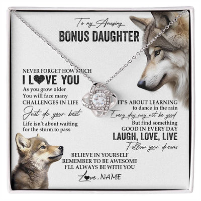 Love Knot Necklace 14K White Gold Finish | 1 | Personalized To My Bonus Daughter Necklace From StepMom Just Do You Best Laugh Love Live Wolf Stepdaughter Birthday Christmas Customized Gift Box Message Card | siriusteestore