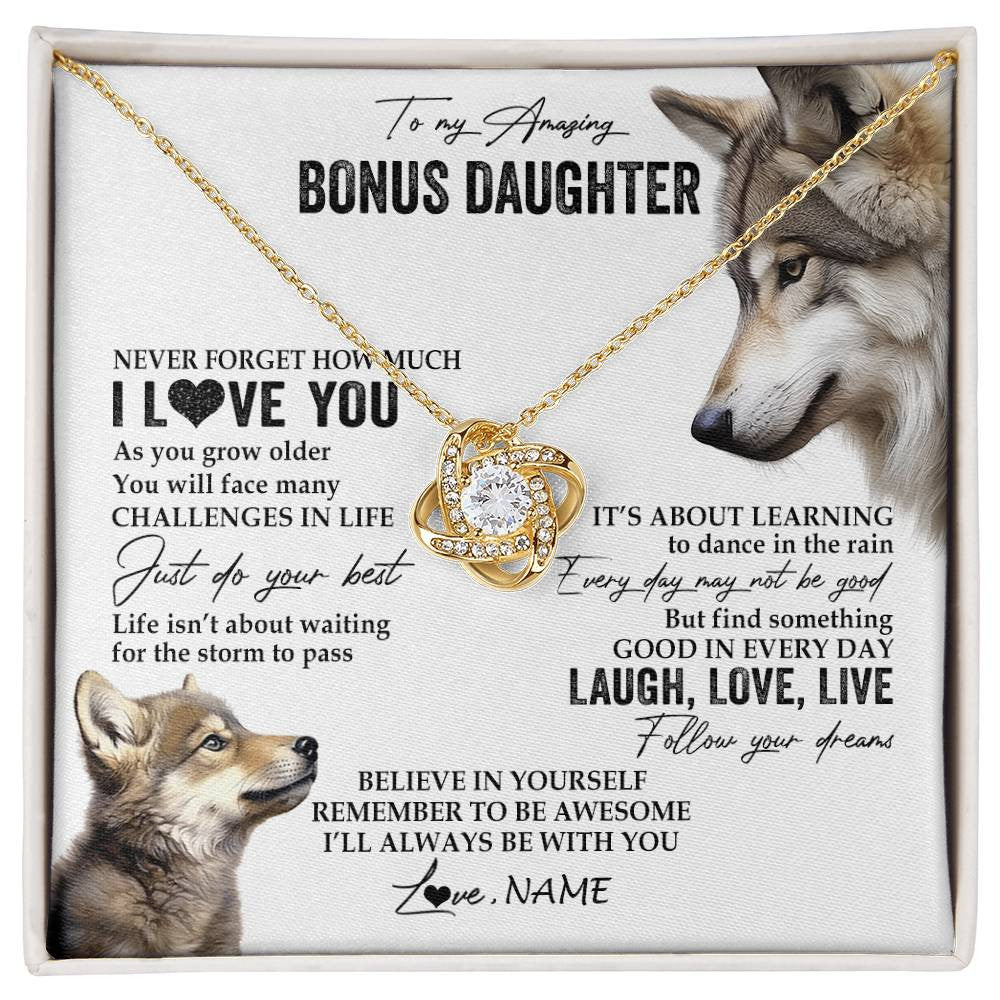 Love Knot Necklace 18K Yellow Gold Finish | 1 | Personalized To My Bonus Daughter Necklace From StepMom Just Do You Best Laugh Love Live Wolf Stepdaughter Birthday Christmas Customized Gift Box Message Card | siriusteestore