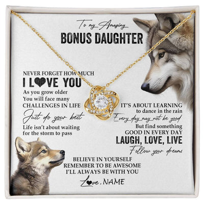 Love Knot Necklace 18K Yellow Gold Finish | 1 | Personalized To My Bonus Daughter Necklace From StepMom Just Do You Best Laugh Love Live Wolf Stepdaughter Birthday Christmas Customized Gift Box Message Card | siriusteestore