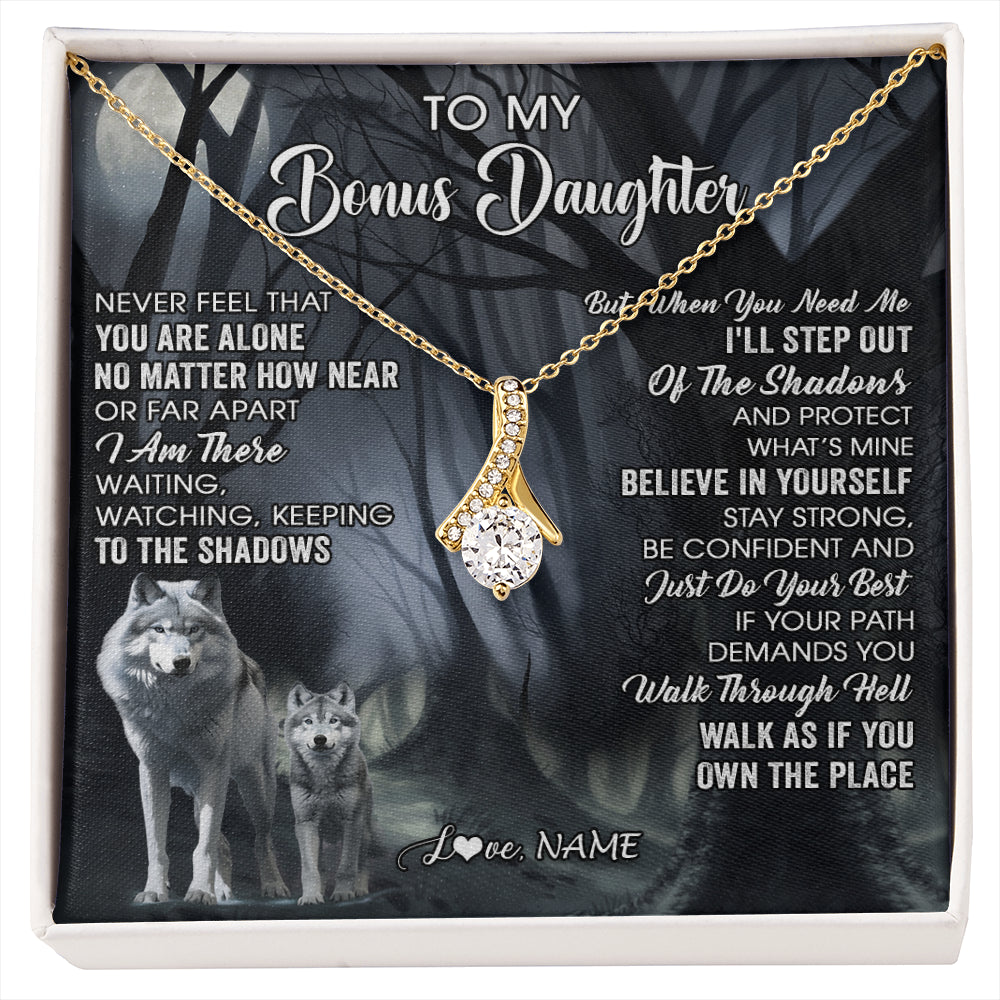 Alluring Beauty Necklace 18K Yellow Gold Finish | 1 | Personalized To My Bonus Daughter Necklace From Step Dad Mom Never Feel That You Are Alone Wolf Birthday Jewelry Christmas Customized Gift Box Message Card | siriusteestore