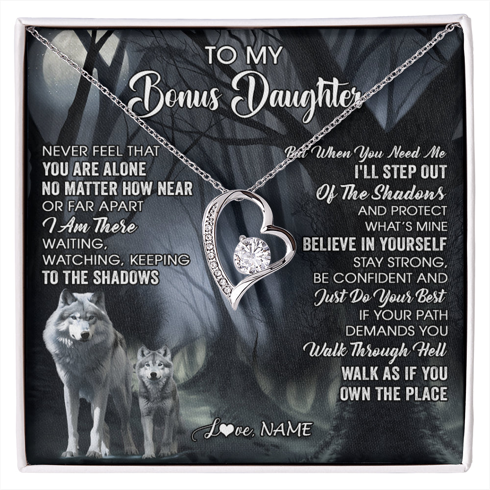 Forever Love Necklace 14K White Gold Finish | 1 | Personalized To My Bonus Daughter Necklace From Step Dad Mom Never Feel That You Are Alone Wolf Birthday Jewelry Christmas Customized Gift Box Message Card | siriusteestore
