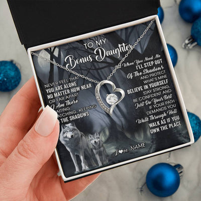 Forever Love Necklace 14K White Gold Finish | 2 | Personalized To My Bonus Daughter Necklace From Step Dad Mom Never Feel That You Are Alone Wolf Birthday Jewelry Christmas Customized Gift Box Message Card | siriusteestore