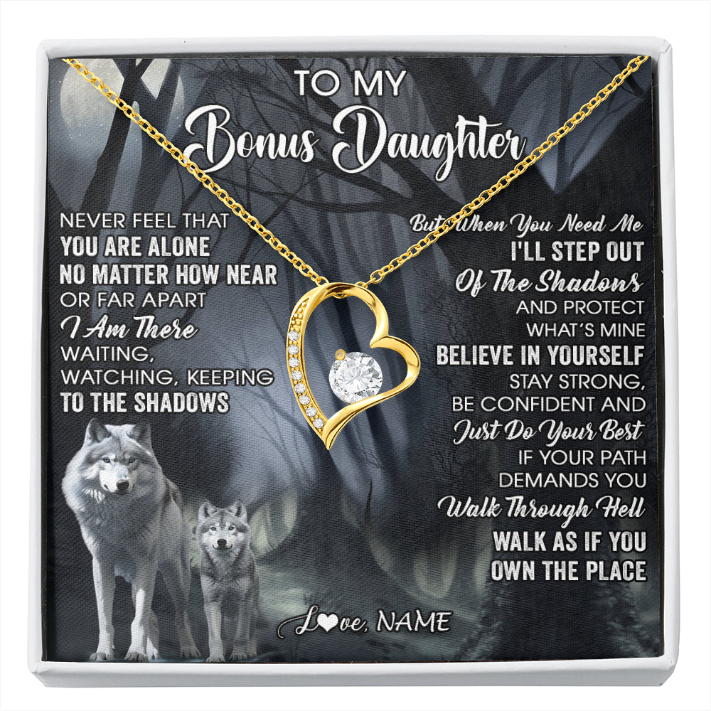 Forever Love Necklace 18K Yellow Gold Finish | 1 | Personalized To My Bonus Daughter Necklace From Step Dad Mom Never Feel That You Are Alone Wolf Birthday Jewelry Christmas Customized Gift Box Message Card | siriusteestore