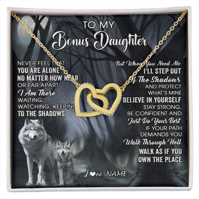 Interlocking Hearts Necklace 18K Yellow Gold Finish | 1 | Personalized To My Bonus Daughter Necklace From Step Dad Mom Never Feel That You Are Alone Wolf Birthday Jewelry Christmas Customized Gift Box Message Card | siriusteestore