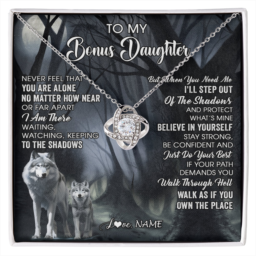 Love Knot Necklace 14K White Gold Finish | 1 | Personalized To My Bonus Daughter Necklace From Step Dad Mom Never Feel That You Are Alone Wolf Birthday Jewelry Christmas Customized Gift Box Message Card | siriusteestore