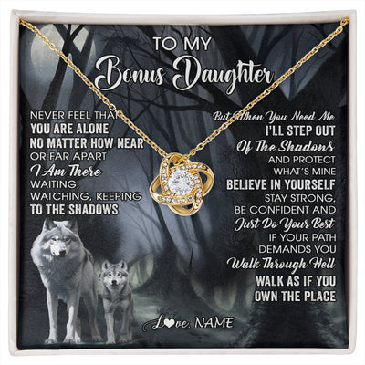 Love Knot Necklace 18K Yellow Gold Finish | 1 | Personalized To My Bonus Daughter Necklace From Step Dad Mom Never Feel That You Are Alone Wolf Birthday Jewelry Christmas Customized Gift Box Message Card | siriusteestore