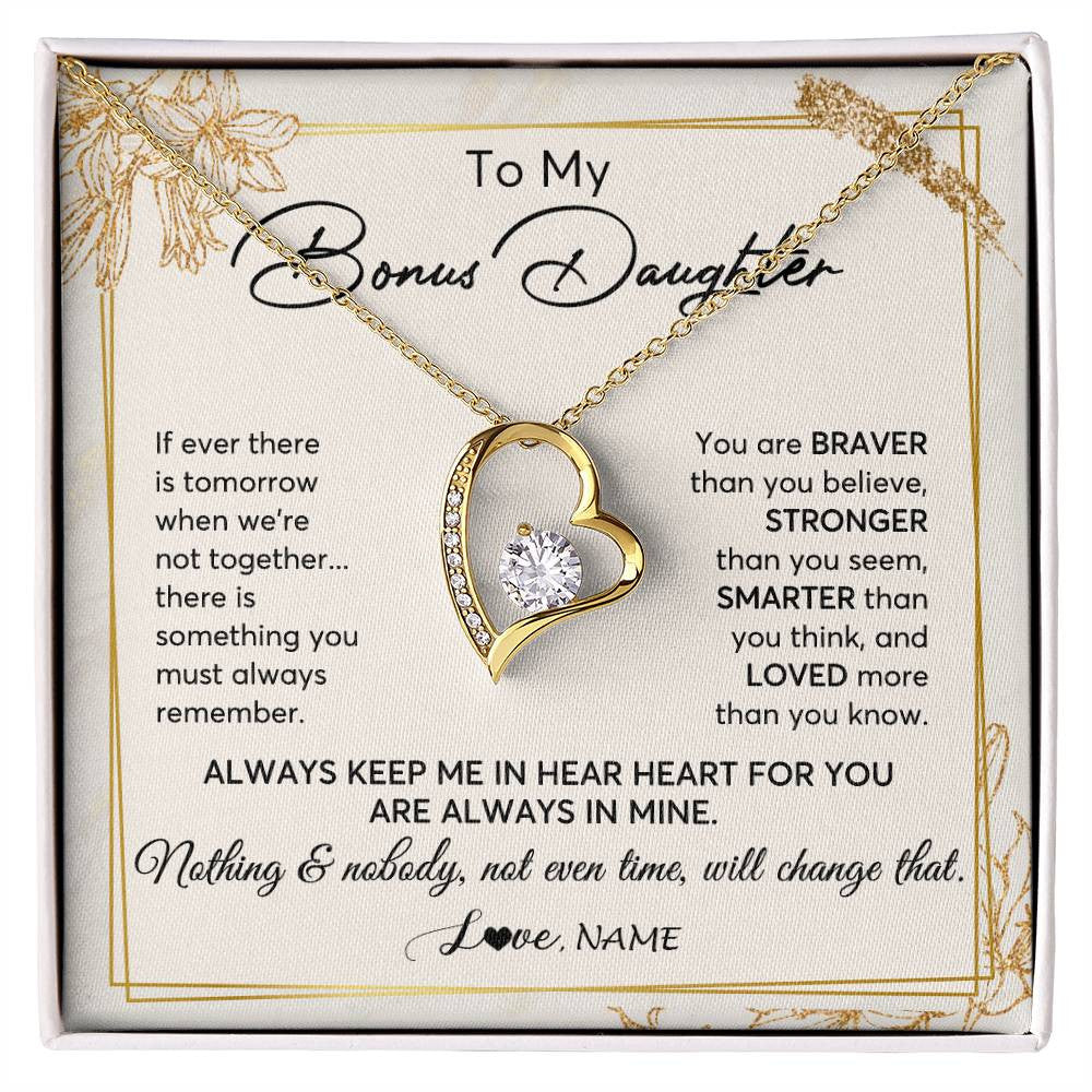 Forever Love Necklace 18K Yellow Gold Finish | 1 | Personalized To My Bonus Daughter Necklace From Step Mom Always Keep Me In Your Heart Step Daughter Birthday Christmas Customized Gift Box Message Card | siriusteestore