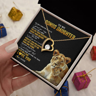 Forever Love Necklace 18K Yellow Gold Finish | 2 | Personalized To My Bonus Daughter Necklace From Step Mom Lion My Only Wish For You Stepdaughter Birthday Graduation Christmas Customized Gift Box Message Card | siriusteestore