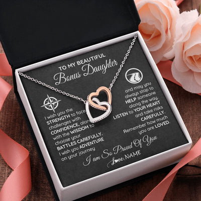 Interlocking Hearts Necklace Stainless Steel & Rose Gold Finish | 2 | Personalized To My Bonus Daughter Necklace From Step Mom Stepdad I Wish You The Strength Birthday Graduation Inspirational Customized Gift Box Message Card | siriusteestore.myshopify
