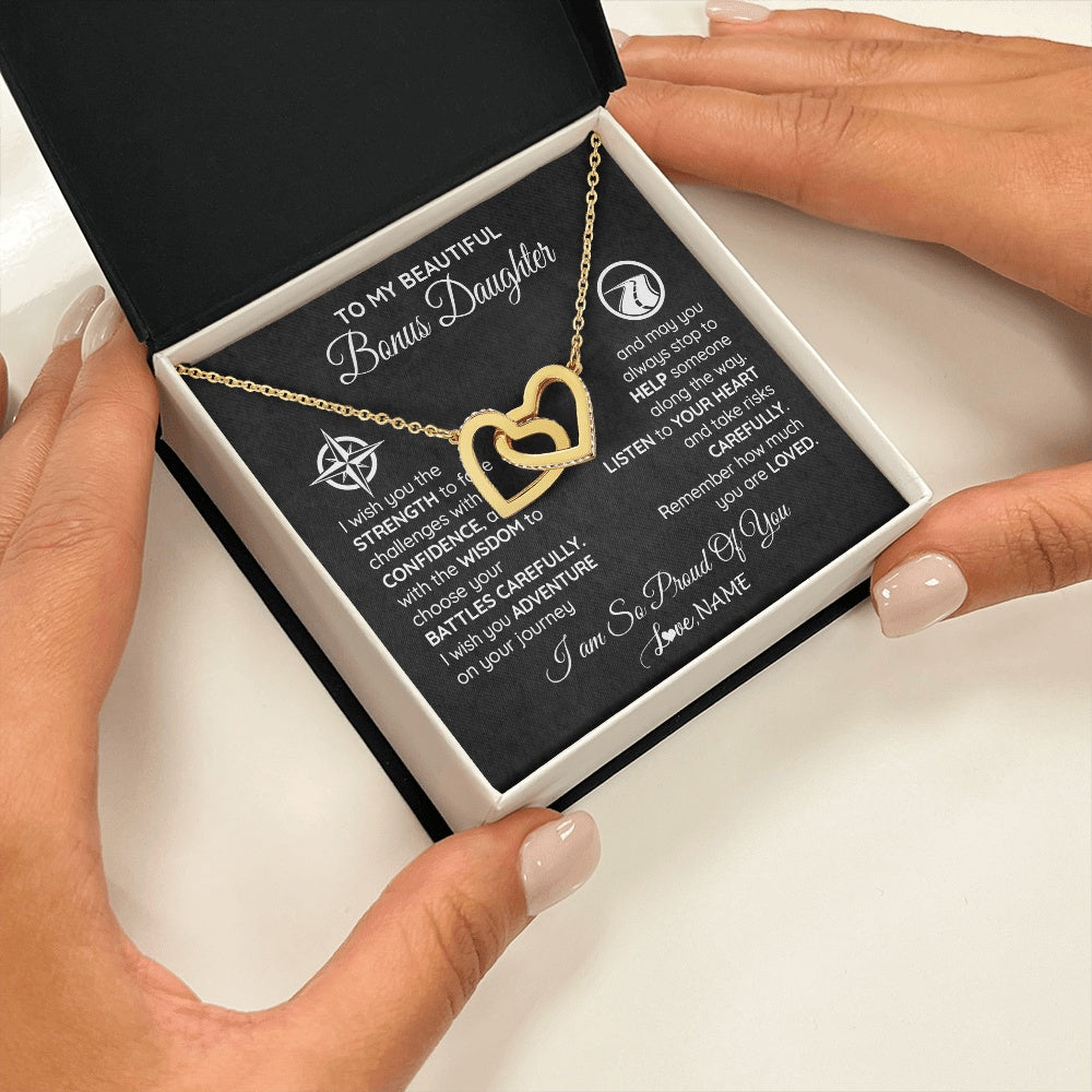 Interlocking Hearts Necklace 18K Yellow Gold Finish | 2 | Personalized To My Bonus Daughter Necklace From Step Mom Stepdad I Wish You The Strength Birthday Graduation Inspirational Customized Gift Box Message Card | siriusteestore.myshopify