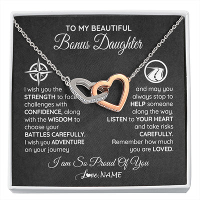 Interlocking Hearts Necklace Stainless Steel & Rose Gold Finish | 1 | Personalized To My Bonus Daughter Necklace From Step Mom Stepdad I Wish You The Strength Birthday Graduation Inspirational Customized Gift Box Message Card | siriusteestore.myshopify