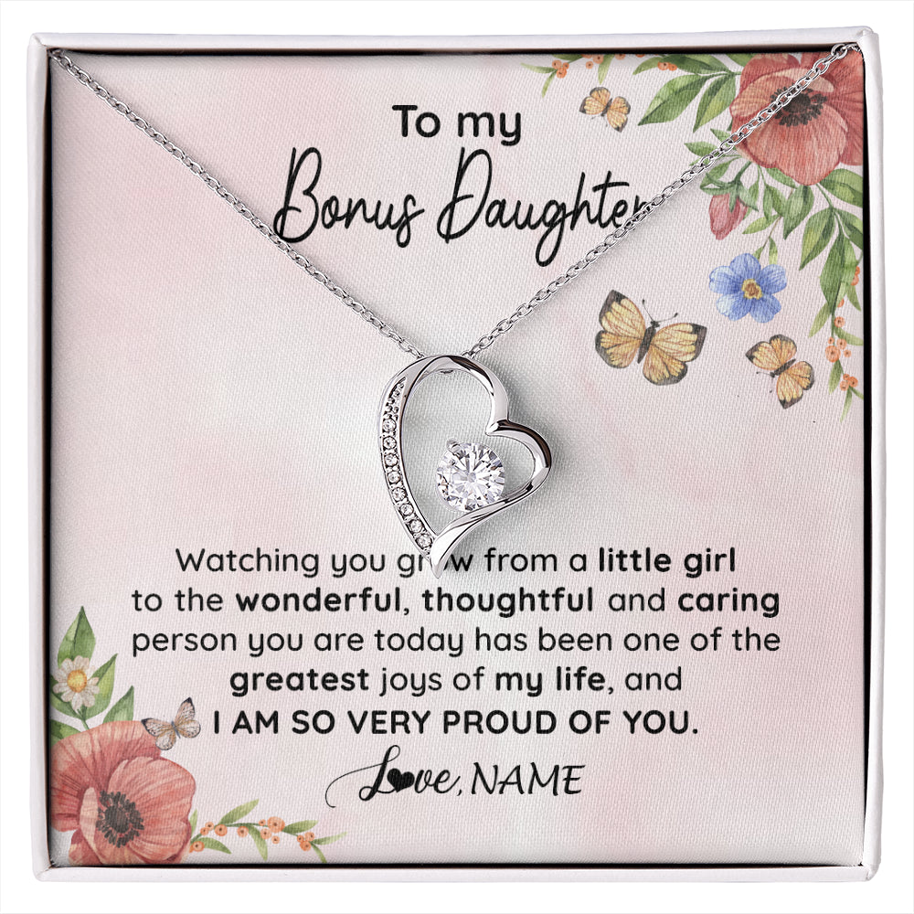 Forever Love Necklace 14K White Gold Finish | 1 | Personalized To My Bonus Daughter Necklace From Step Mom Watching You Grow Stepddaughter Birthday Gifts Jewelry Christmas Customized Gift Box Message Card | siriusteestore
