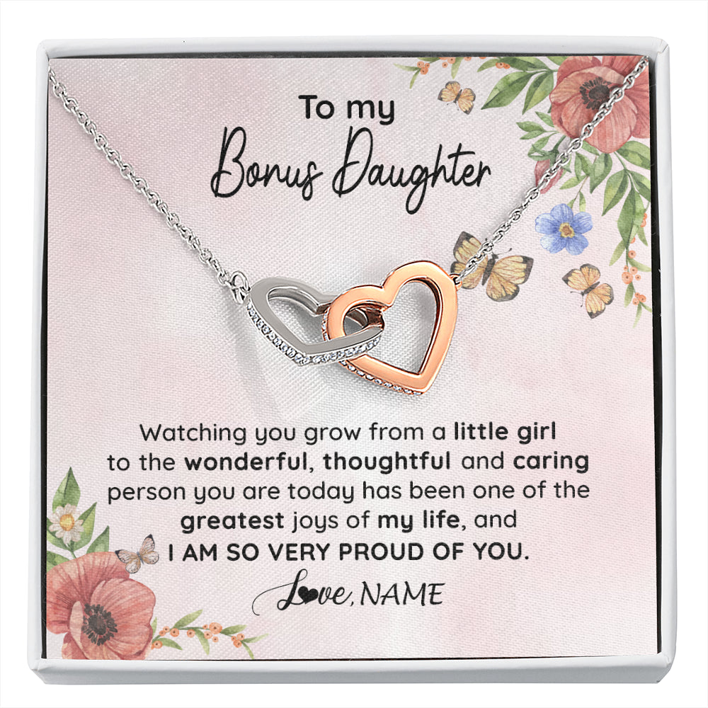 Interlocking Hearts Necklace Stainless Steel & Rose Gold Finish | 1 | Personalized To My Bonus Daughter Necklace From Step Mom Watching You Grow Stepddaughter Birthday Gifts Jewelry Christmas Customized Gift Box Message Card | siriusteestore