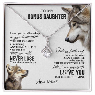 Alluring Beauty Necklace 14K White Gold Finish | 1 | Personalized To My Bonus Daughter Necklace From Step Mom You Will Never Lose Wolf Stepdaughter Birthday Graduation Christmas Customized Gift Box Message Card | siriusteestore