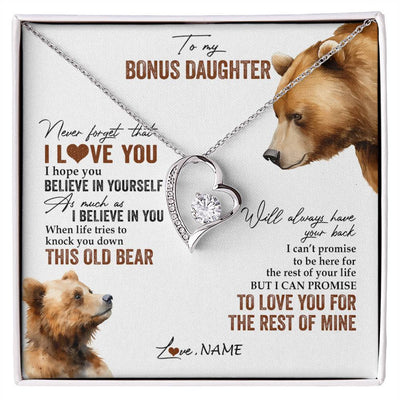 Forever Love Necklace 14K White Gold Finish | 1 | Personalized To My Bonus Daughter Necklace From Step Mother Never Forget That I Love You Bear Stepdaughter Birthday Christmas Customized Gift Box Message Card | siriusteestore