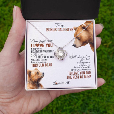 Love Knot Necklace 14K White Gold Finish | 2 | Personalized To My Bonus Daughter Necklace From Step Mother Never Forget That I Love You Bear Stepdaughter Birthday Christmas Customized Gift Box Message Card | siriusteestore