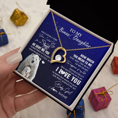 Forever Love Necklace 18K Yellow Gold Finish | 2 | Personalized To My Bonus Daughter Necklace From Step Mother Polar Bear Never Forget I Love You Stepdaughter Birthday Christmas Customized Gift Box Message Card | siriusteestore