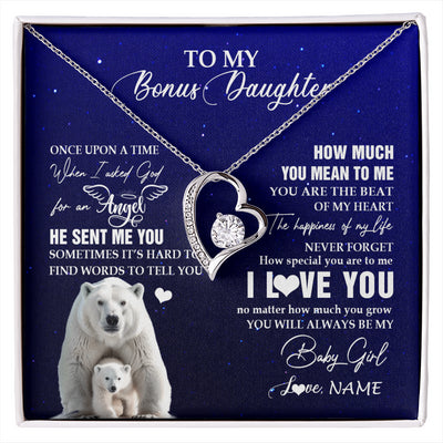 Forever Love Necklace 14K White Gold Finish | 1 | Personalized To My Bonus Daughter Necklace From Step Mother Polar Bear Never Forget I Love You Stepdaughter Birthday Christmas Customized Gift Box Message Card | siriusteestore