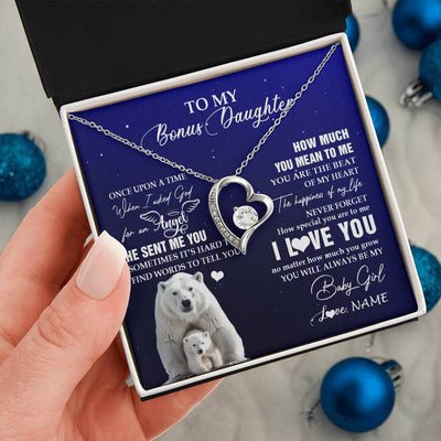 Forever Love Necklace 14K White Gold Finish | 2 | Personalized To My Bonus Daughter Necklace From Step Mother Polar Bear Never Forget I Love You Stepdaughter Birthday Christmas Customized Gift Box Message Card | siriusteestore