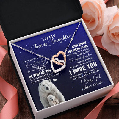 Interlocking Hearts Necklace Stainless Steel & Rose Gold Finish | 2 | Personalized To My Bonus Daughter Necklace From Step Mother Polar Bear Never Forget I Love You Stepdaughter Birthday Christmas Customized Gift Box Message Card | siriusteestore