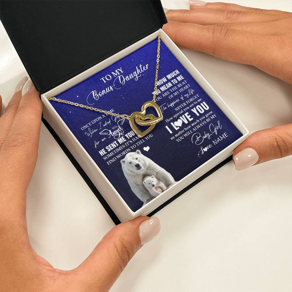 Interlocking Hearts Necklace 18K Yellow Gold Finish | 2 | Personalized To My Bonus Daughter Necklace From Step Mother Polar Bear Never Forget I Love You Stepdaughter Birthday Christmas Customized Gift Box Message Card | siriusteestore