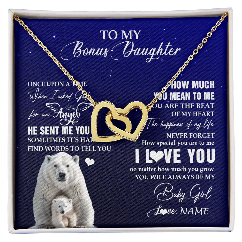 Interlocking Hearts Necklace 18K Yellow Gold Finish | 1 | Personalized To My Bonus Daughter Necklace From Step Mother Polar Bear Never Forget I Love You Stepdaughter Birthday Christmas Customized Gift Box Message Card | siriusteestore