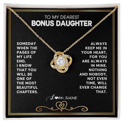 Love Knot Necklace 18K Yellow Gold Finish | 1 | Personalized To My Bonus Daughter Necklace From Step Mother When The Pages Of My Life End Stepdaughter Birthday Christmas Customized Gift Box Message Card | siriusteestore