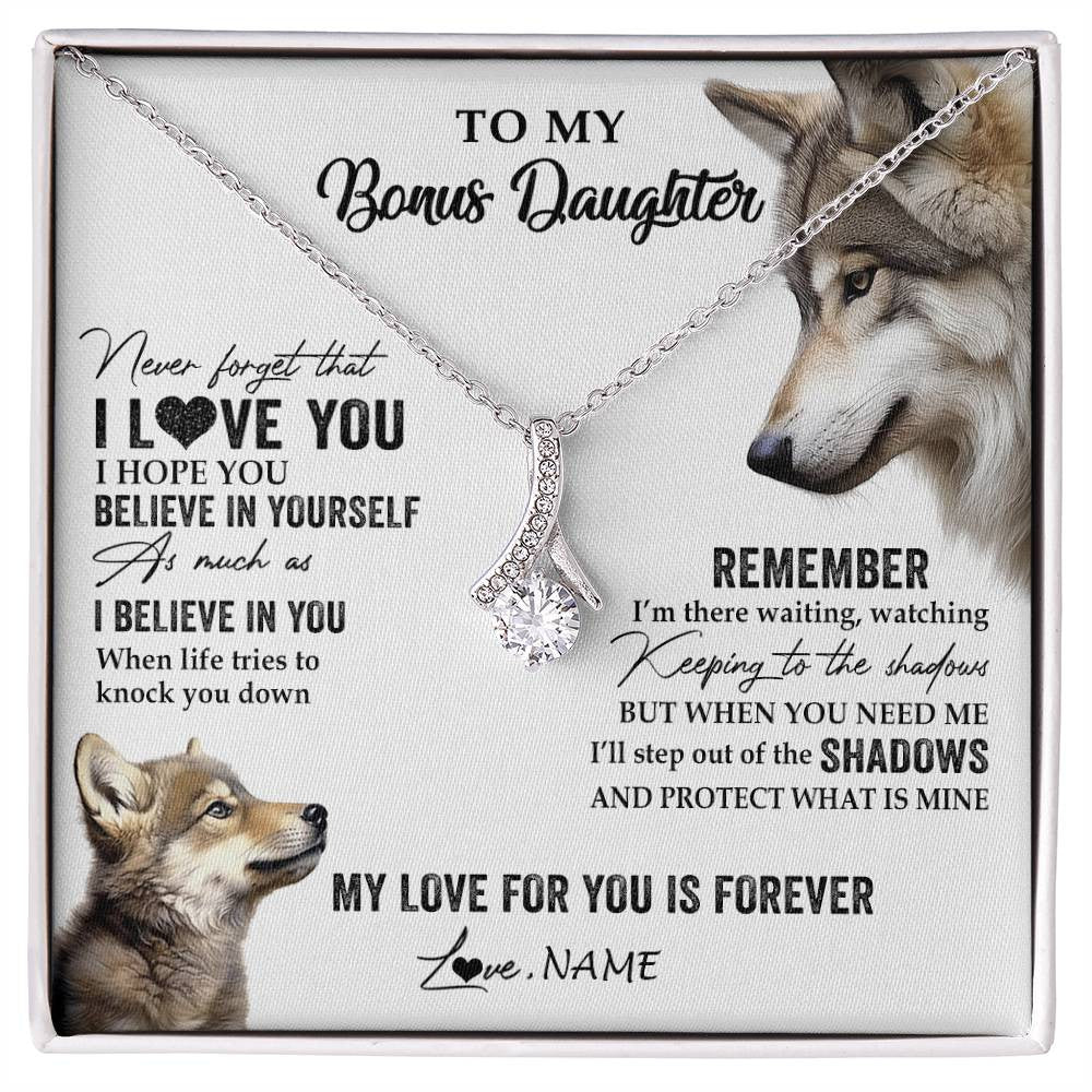 Alluring Beauty Necklace 14K White Gold Finish | 1 | Personalized To My Bonus Daughter Necklace From Step Mother Wolf My Love For You Is Forever Stepdaughter Birthday Christmas Customized Gift Box Message Card | siriusteestore