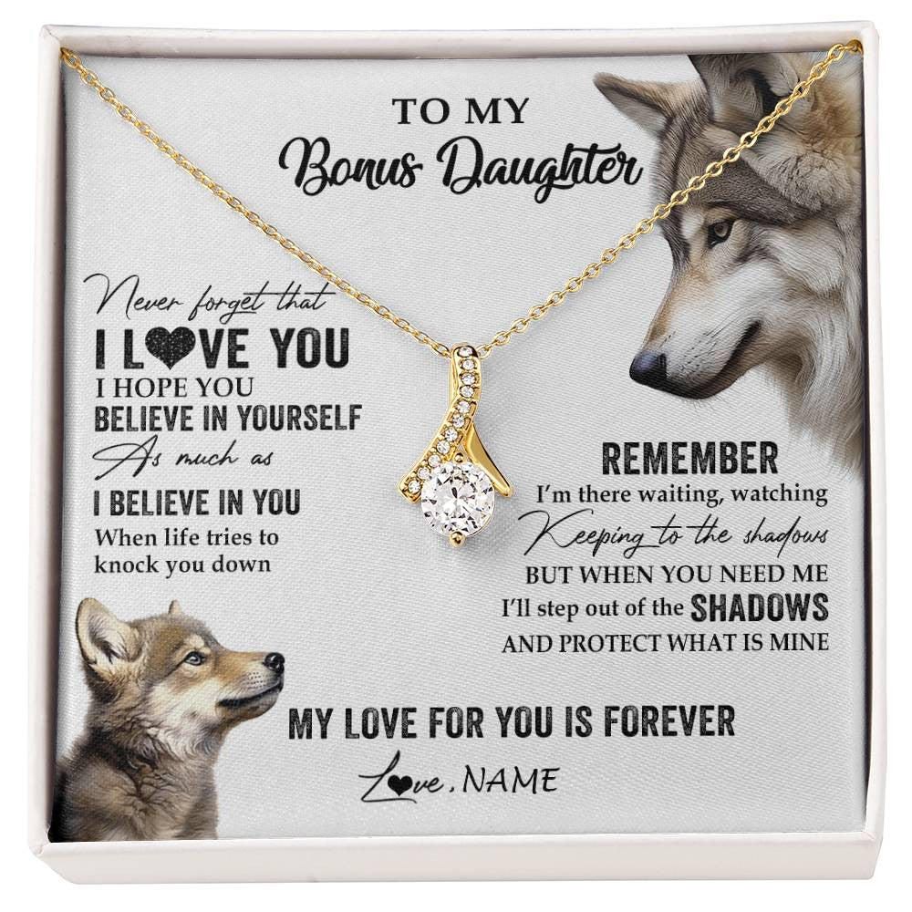 Alluring Beauty Necklace 18K Yellow Gold Finish | 1 | Personalized To My Bonus Daughter Necklace From Step Mother Wolf My Love For You Is Forever Stepdaughter Birthday Christmas Customized Gift Box Message Card | siriusteestore