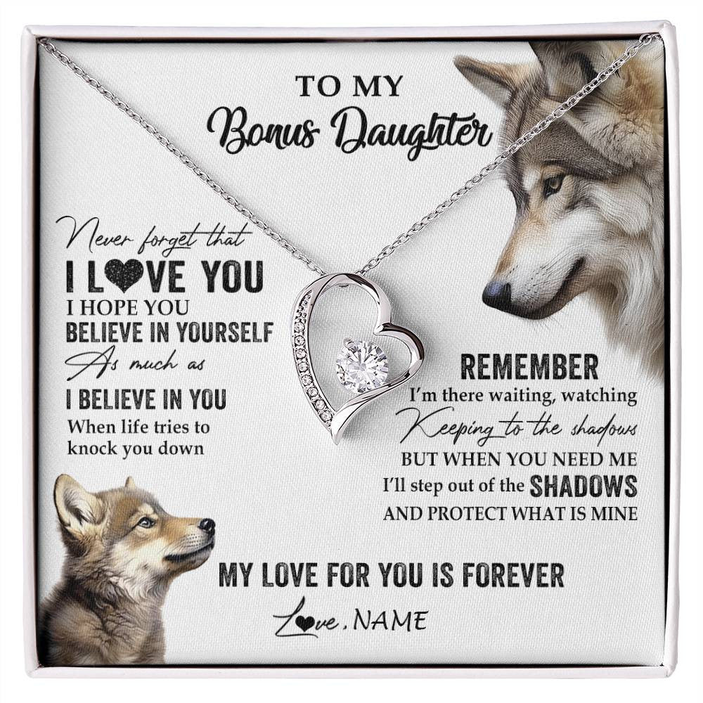 Forever Love Necklace 14K White Gold Finish | 1 | Personalized To My Bonus Daughter Necklace From Step Mother Wolf My Love For You Is Forever Stepdaughter Birthday Christmas Customized Gift Box Message Card | siriusteestore