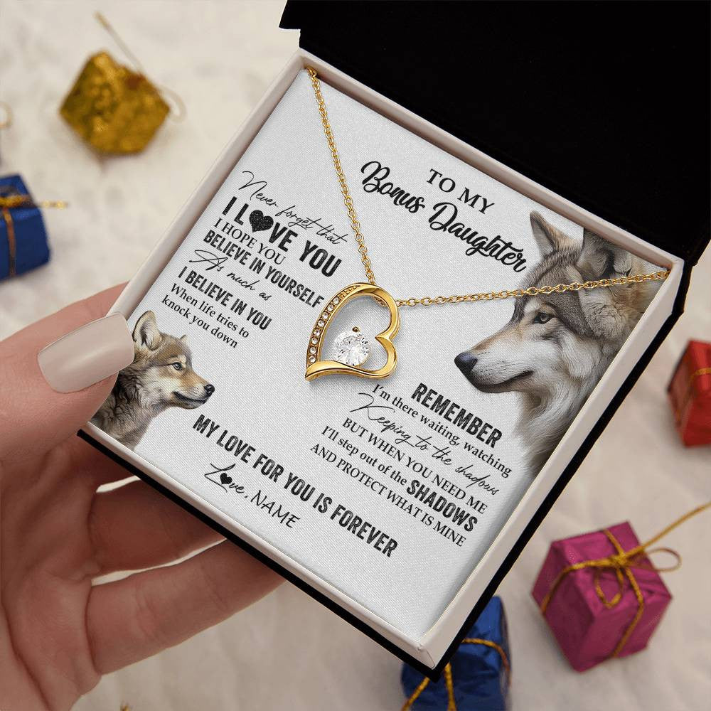 Forever Love Necklace 18K Yellow Gold Finish | 2 | Personalized To My Bonus Daughter Necklace From Step Mother Wolf My Love For You Is Forever Stepdaughter Birthday Christmas Customized Gift Box Message Card | siriusteestore