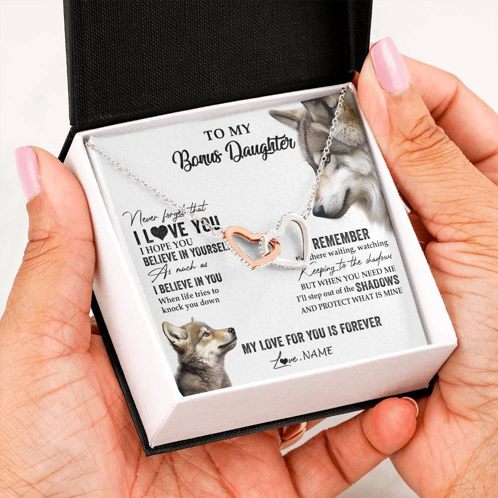 Interlocking Hearts Necklace Stainless Steel & Rose Gold Finish | 2 | Personalized To My Bonus Daughter Necklace From Step Mother Wolf My Love For You Is Forever Stepdaughter Birthday Christmas Customized Gift Box Message Card | siriusteestore