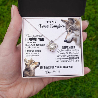 Love Knot Necklace 14K White Gold Finish | 2 | Personalized To My Bonus Daughter Necklace From Step Mother Wolf My Love For You Is Forever Stepdaughter Birthday Christmas Customized Gift Box Message Card | siriusteestore