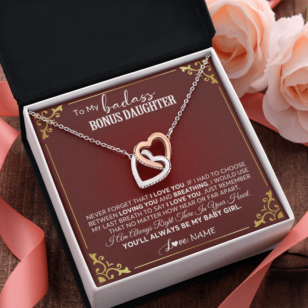 Interlocking Hearts Necklace Stainless Steel & Rose Gold Finish | 2 | Personalized To My Bonus Daughter Necklace From Step Mother You'll Always Be My Stepdaughter Birthday Christmas Customized Gift Box Message Card | siriusteestore.myshopify