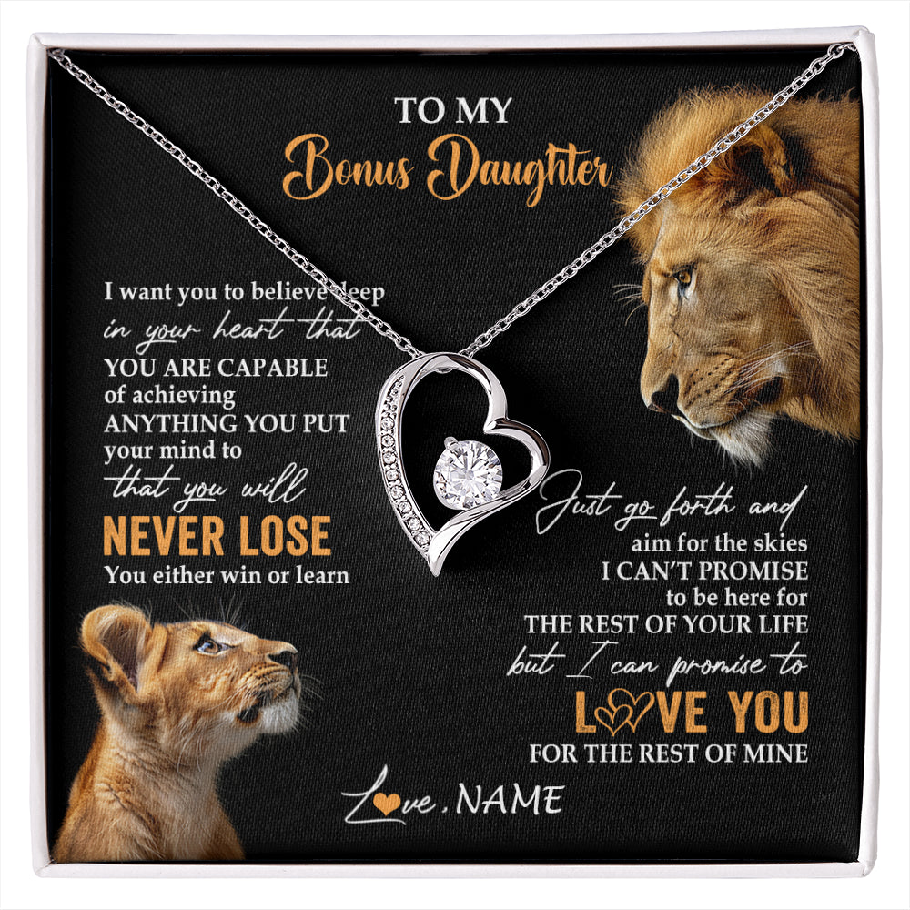 Forever Love Necklace 14K White Gold Finish | 1 | Personalized To My Bonus Daughter Necklace From Stepdad Dad You Will Never Lose Lion Stepdaughter Birthday Gifts Christmas Customized Gift Box Message Card | siriusteestore