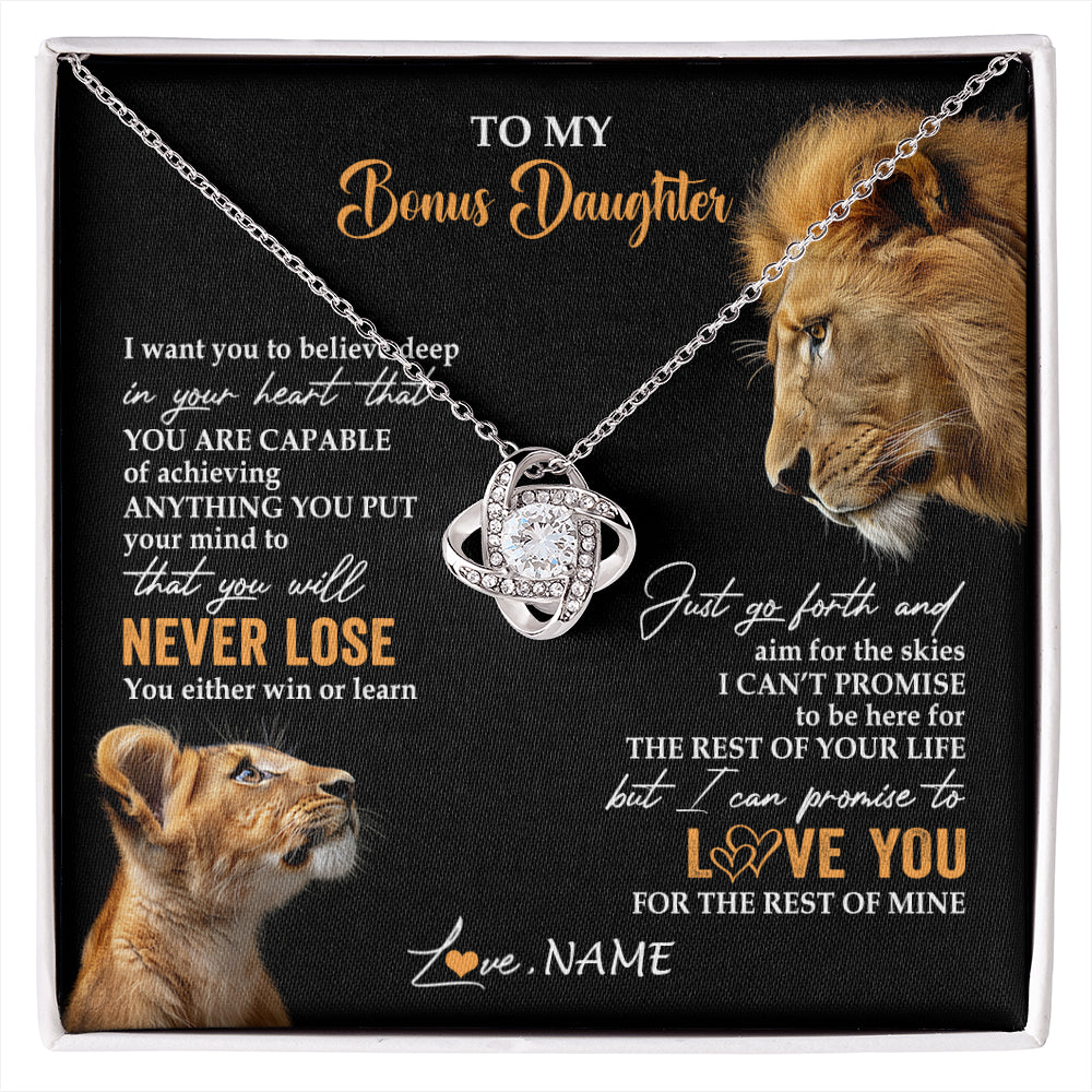 Love Knot Necklace 14K White Gold Finish | 1 | Personalized To My Bonus Daughter Necklace From Stepdad Dad You Will Never Lose Lion Stepdaughter Birthday Gifts Christmas Customized Gift Box Message Card | siriusteestore