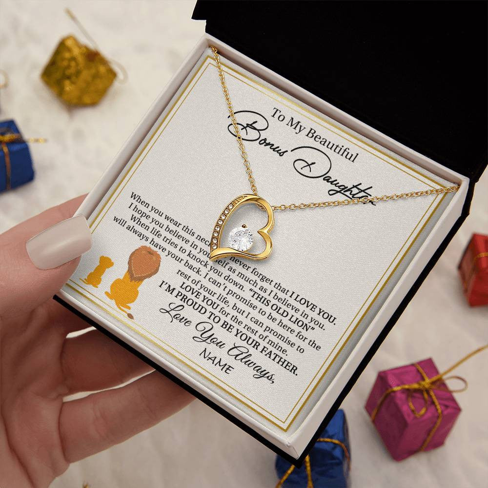 Forever Love Necklace 18K Yellow Gold Finish | 2 | Personalized To My Bonus Daughter Necklace From Stepdad I'M Proud To Be Your Father Lion Stepdaughter Birthday Christmas Customized Gift Box Message Card | siriusteestore